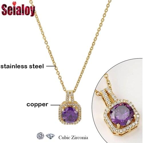 High Quality Golden Stainless Steel Chain Purple Cubic Zirconia Pendant Necklace For Women Crystal Square Charm Necklace Gift