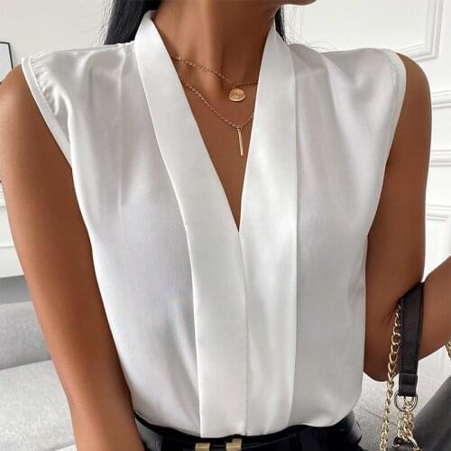 2021 Summer Sleeveless White Women Blouse Sexy V-neck Loose Basic All-match Female Blouses Elegant New Fashion Office Lady Tops