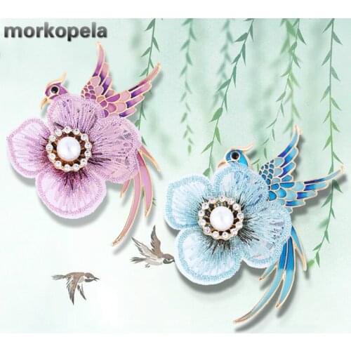 Morkopela Embroidery Flower Bird Brooches And Pins Vintage Enamel Pin Banquet Brooch For Women Jewelry Scarf Clip Accessories