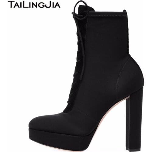 Fashion Women Black Lycra Velvet Female Ankle Boots With Platform Round Toe High Heel Block Heel Ladies Lace up Boots Large Size