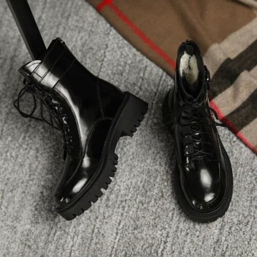 Genuine Leather Real Wool Fur Platform High Heel Motorcycle Boots Women Zip Lace Up Ankle Boots Block Heels Short Boots