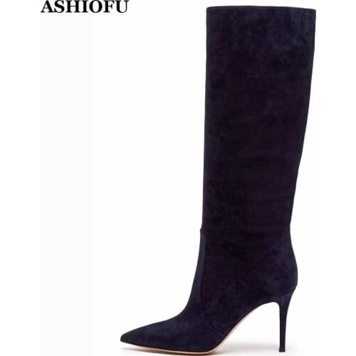 ASHIOFU Handmade Elegant Ladies High Heel Boots Faux-suede Party Prom Mid-calf Boots Winter Evening Club Fashion Boots Shoes