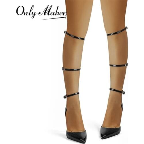 Onlymaker Women Pointed Toe Fashion Pumps Black Patent Leather Slip-On Knee High Buckles Thin High Heel Shoes Shallow Big Size