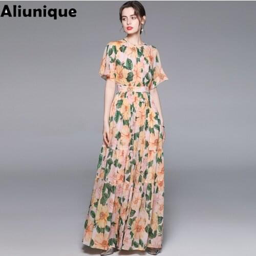 Aliunique Trendy New O-neck Slim Printed Chiffon Dress For Women 2021 Summer Temperament Bohemian Vacation Short Sleeve Dress