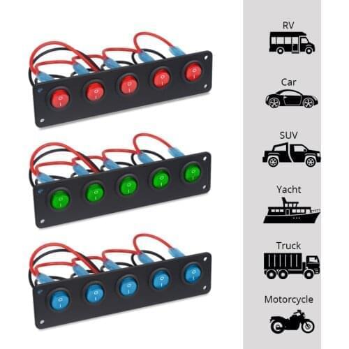 5 Gang ON-Off Button Toggle Rocker Switch Panel DC 12V-24V Waterproof Circuit Breakers Marine Boat LED Switch Panel Car 12v
