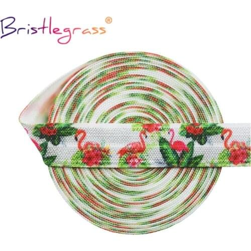 BRISTLEGRASS 2 5 10 Yard 5/8" 15mm Flamingo Palm Leaf Print Fold Over Elastics FOE Spandex Satin Bands Tape Hair Tie Sewing Trim