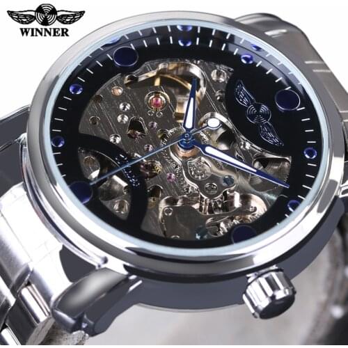 Winner Blue Ocean Fashion Casual Designer Stainless Steel Men Skeleton Watch Mens Watches Top Brand Luxury Automatic Watch Clock