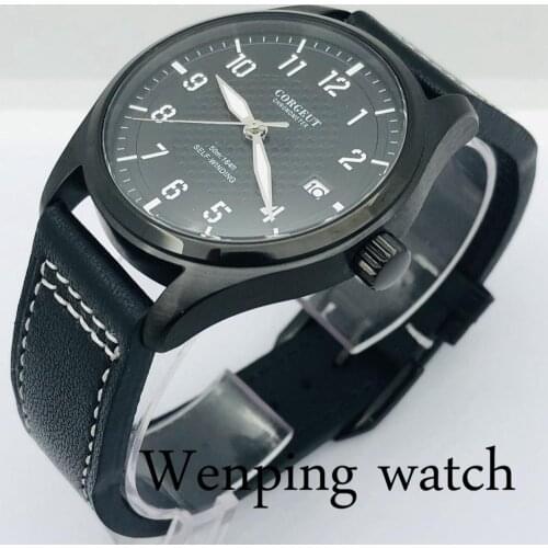 Corgeut 40mm New Mens Top Mechanical Watch Black PVD Case Leather Strap NH35A Movement Luminous Waterproof Automatic Watch
