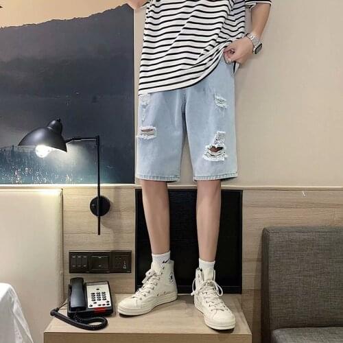 Denim light-colored shorts Straight loose Korean version of the trend of summer holes Thin section pants Tide brand five minutes