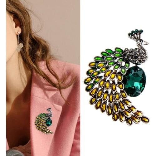 EASYA Green Crystal Peacock Brooches Women Large Vintage Animal Pin Luxury Fashion Brooch High Quaity Party Jewelry