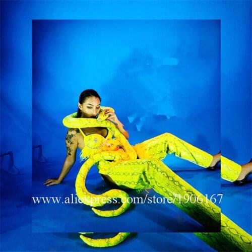 Fluorescent Sexy Lady Bikini Dance Suit Wigs Stage Performance Clothes Snake Props Nightclub Bar Party Event Ballroom DS Costume