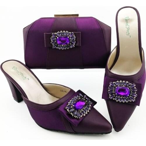 Italian Design Shoes and Bags Matching Set Decorated with Rhinestone African Fashion Sandals Shoes with Bag Purple Color