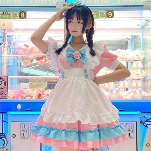 Adult Women Maid Cosplay Costume Japanese Kawaii Anime Lolita Bow Maid Apron Uniform Carnival Party Pink Blue Dress For Girls