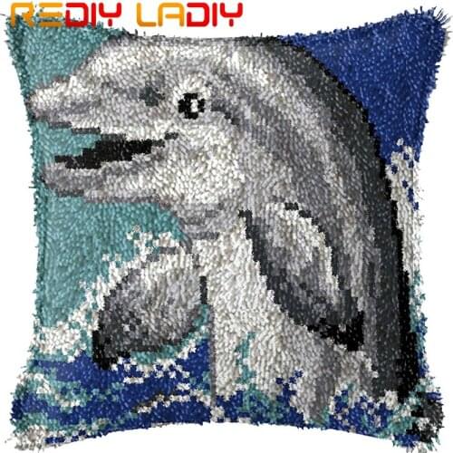 Latch Hook Cushion Singing Dolphin Pillow Case Printed Color Canvas Acrylic Yarn Latched Hook Pillow Crochet Cushion Cover Kits