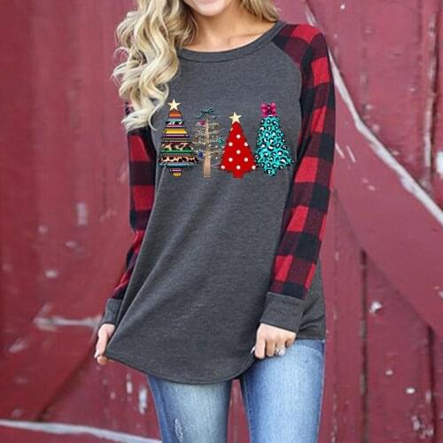Lovely Christmas Clothes Woman Tshirts Long Sleeved Christmas tree Pattern O-neck Casual Autumn Tee Grey and Red Plaid Patchwork