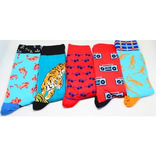 Men Socks Trendy Cartoon Tiger Fish Crew Socks Lizard Glasses Happy Socks Personality Harajuku Funny Knee-High Socks Multicolor