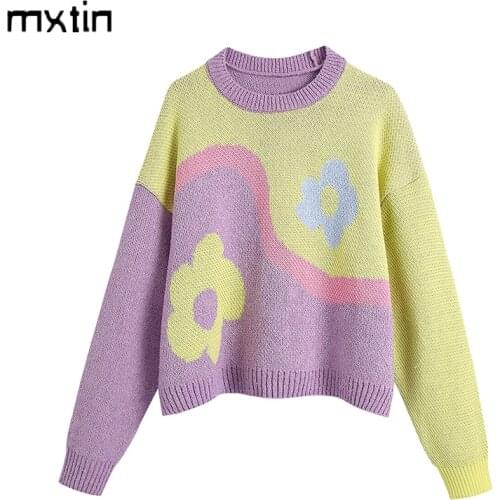 MXTIN 2021 Women Autumn Fashion Sweet Floral Pullover Sweater Vintage O-Neck Long Sleeve Female Casual Chic Tops Vestidos Mujer