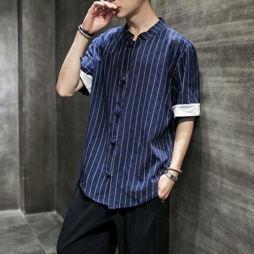 Mens Shirt Chinese Style Short Sleeve Cotton Linen Shirt Stripe Jacquard Weave Shirt Lightweight Breathable Stand Collar Shirt