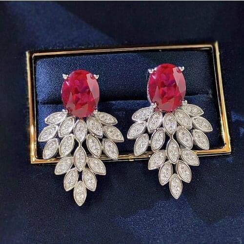 Fashion Design 925 Sterling Silver 7*9mm Created Moissanite Ruby Feather Earrings Earrings for Women Luxury Fine Jewelry Gifts