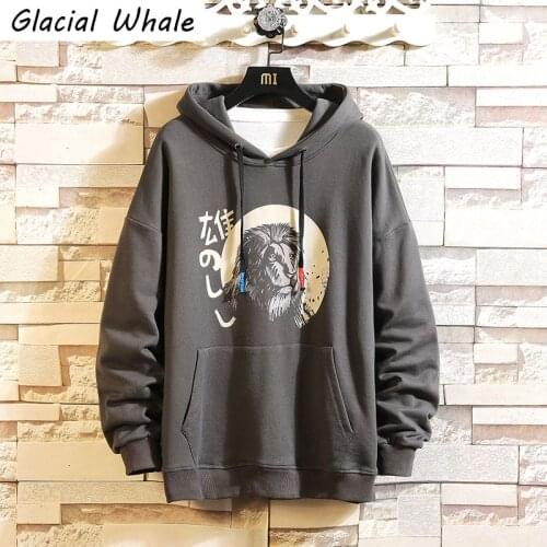 GlacialWhale Mens Hoodies Women 2021 Winter Casual Lion Print Sweatshirt Hip Hop Streetwear Harajuku Oversized Black Hoodie Men