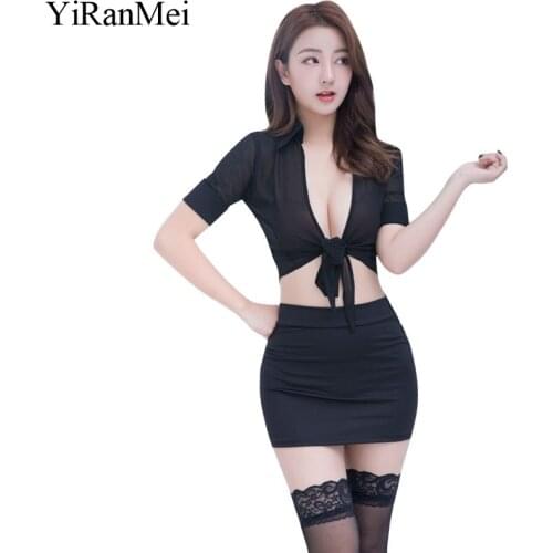 YiRanMei New White/Black Shirt Bodystocking Black Short Skirt Lace Socks Babydolls Sexy Erotic Lingerie Sets For Women