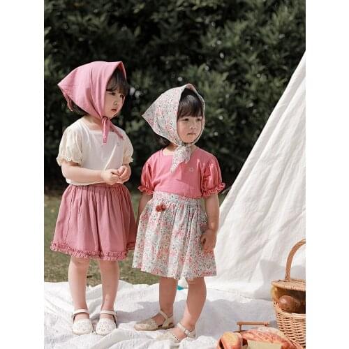 Girls' Summer New Skirt Solid Color Versatile Lace Short Sleeve Korean Sweet Shirt Two Piece Sets Childrens Fashion Clothes