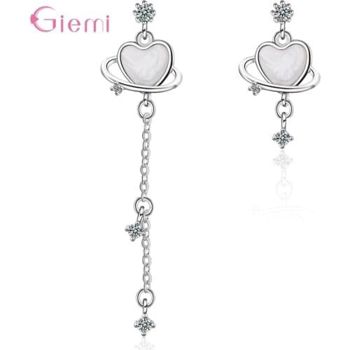 Cubic Zircon 925 Sterling Silver Planet Asymmetric Long Tassel Stud Earrings Fashion Heart Gift Jewelry For Women Girl