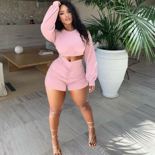 Streetwear Two Piece Set for Women Sweat Suits Lantern Sleeve Crop Top and Ruched Shorts Sets Casual Tracksuit Matching Sets