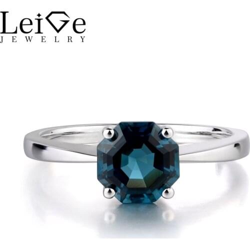 Leige Jewelry Natural London Blue Topaz Solitaire Octagon Cut Engagement Rings For Woman November Birthstone 925 Sterling Silver