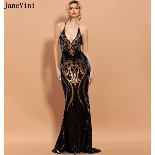 JaneVini Bling Colorful Sequins Mermaid Evening Dresses for Women 2020 Dubai Design V Neck Backless Sexy Long Formal Party Gowns