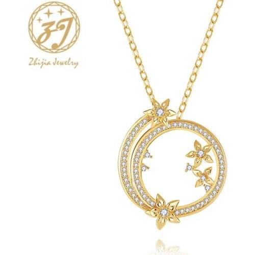 Zhijia hollow round golden rhinestone crystal flower pendant necklace for female best gifts for girlfriend