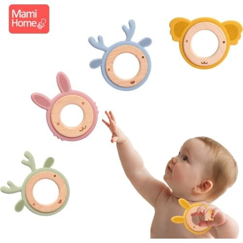 Silicone Teething Ring Cartoon Teether Wooden Rattle BPA free Wooden Baby Toys Pacifier Chain Accessories Nursing Gift Baby Toy
