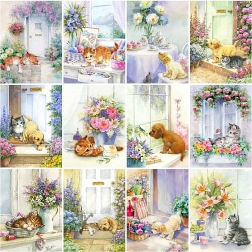 Diamond Embroidery Cute Cats and Dogs Diy Decor Cozy Family Garden 5D Animals Flowers Full Square Round Rhinestone Mosaic Art