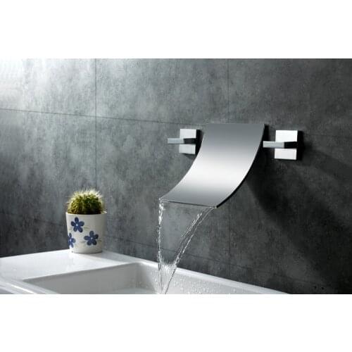 Free shipping polished chrome waterfall widespread contemporary bathroom sink faucet 3 Hoes square