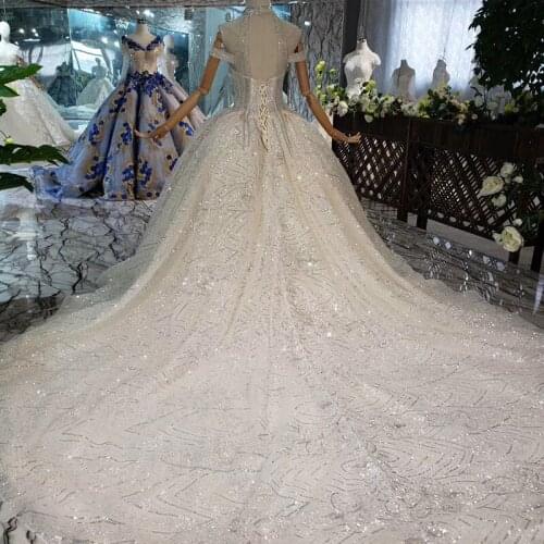 BGW HT42811 Shiny Wedding Dress 2020 Special High Neck Bead Off Shoulder Handmade Floral Print Wedding Gown With Long Train