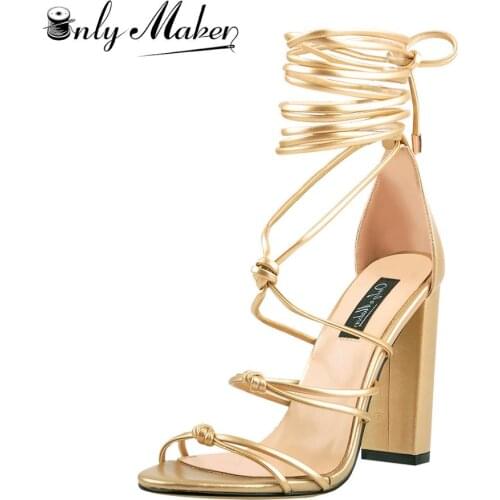 Onlymaker Womens Sexy 10cm High Heels Gold Sandals Gladiator Crisscross Lace Up Strappy Chunky High Heel Sandals Big Size 43