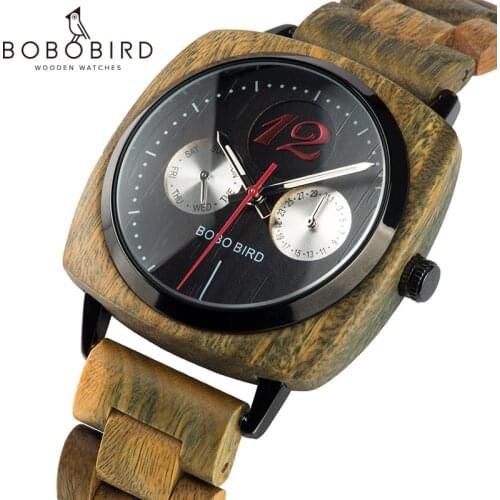 BOBO BIRD Relogio Masculino Classic Square Dial Wood Watch Men Wristwatch Date Week Display Timepiece Customized logo U-S06