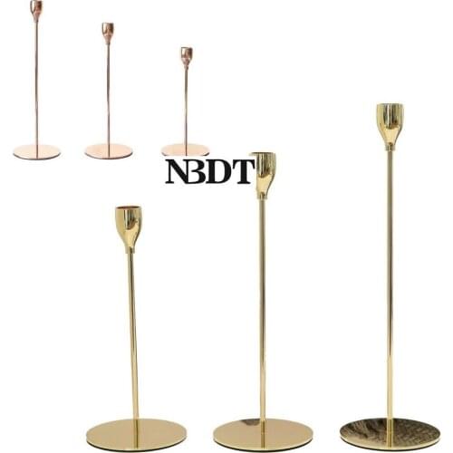 3Pcs/Lot European Stick Candle Single Head Stand Holder Wedding Dinning Table Candlestick Shiny Gold Rose Gold