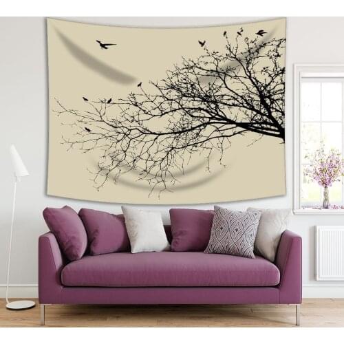 Tapestry Birds and Winter Tree Branches Countryside Nature Cold Season Outdoor Landscape Black and Beige Print
