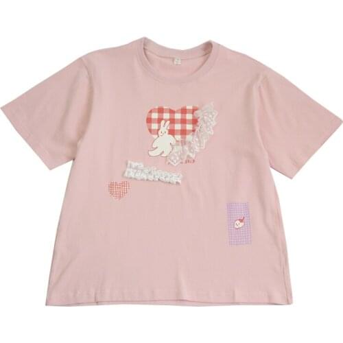 Summer Japanese cute rabbit print lace o-neck short-sleeved T-shirt