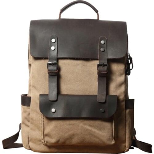 Business Men Backpack Vintage Canvas Backpack With Crazy Horse Leather Outdoor Backpack Laptop Travel Bags Quality Male Rucksack