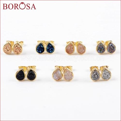 BOROSA 5/10Pairs New Teardrop shape Gold Color Bezel Rainbow Titanium Druzy Stud Earrings Agates Drusy Earrings For Women ZG0276