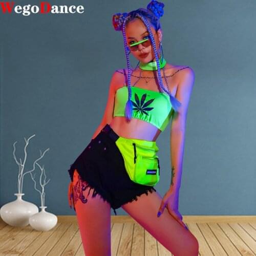 New Hip Hop Women Jazz Costume Sexy Nightclub Wear Fluorescent Green Tops Metal Chain Female Gogo Ds Dj Stage Dance Wear