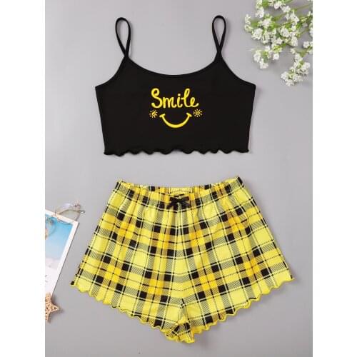New Style Lady’s Summer Cartoon Smile Print Camisole With Yellow Grid Silk Shorts Pajama Set Home Wear Sleepwear Underwear