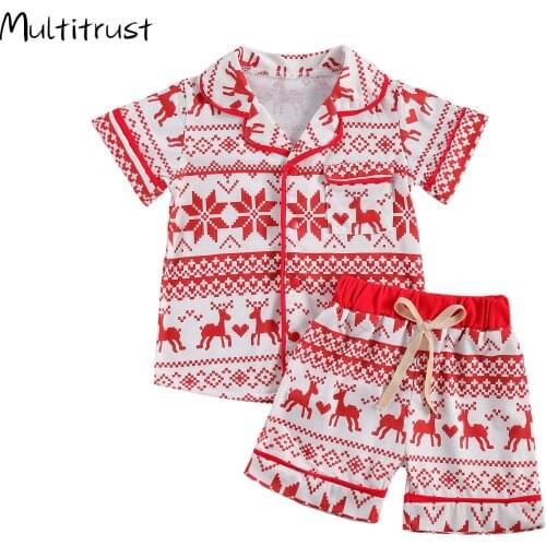 2-6Y Xmas Kids Clothing Pajamas Sets Christmas Children Sleepwear Cartoon Print T-shirts Tops +Shorts 2PCS Pyjamas Sets 2021