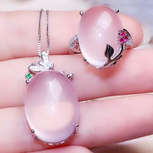 Per jewelry Natural real rose quartz butterfly flower jewelry set 1pc ring 1pc pendant 925 sterling silver Fine jewelry R203199