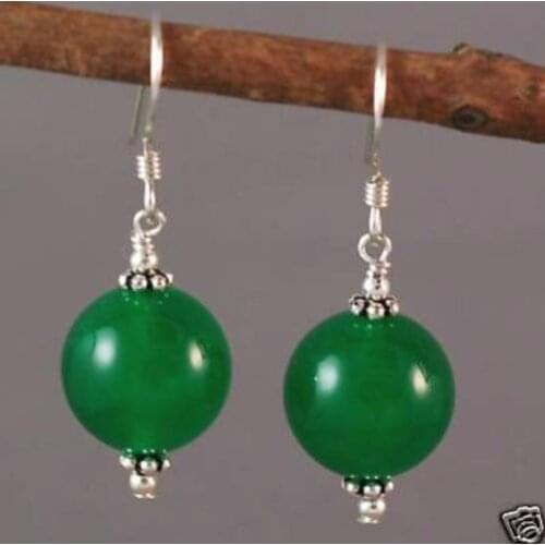 Lovely tibet 12mm green Natural Stone bead dangle 925 silver hook earrings