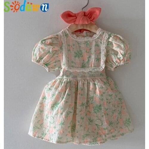 Sodawn Girls Dress Summer New Lovely Infant Baby Girl Floral Dress Puff Short Sleeve Slip Princess Kids Printed Dress