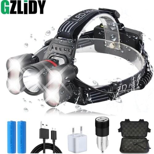 5 LEDS Super Bright LED Headlamp Rechargeable Led Headlight 4 Switch Modes Fishing Lamp Waterproof Headlight +2x 18650 Batteries