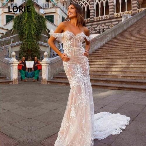 LORIE Champagne Wedding Dresses off the Shoulder Sweetheart Lace Mermaid Wedding Gown Boho Backless Bridal Dress suknia ślubna